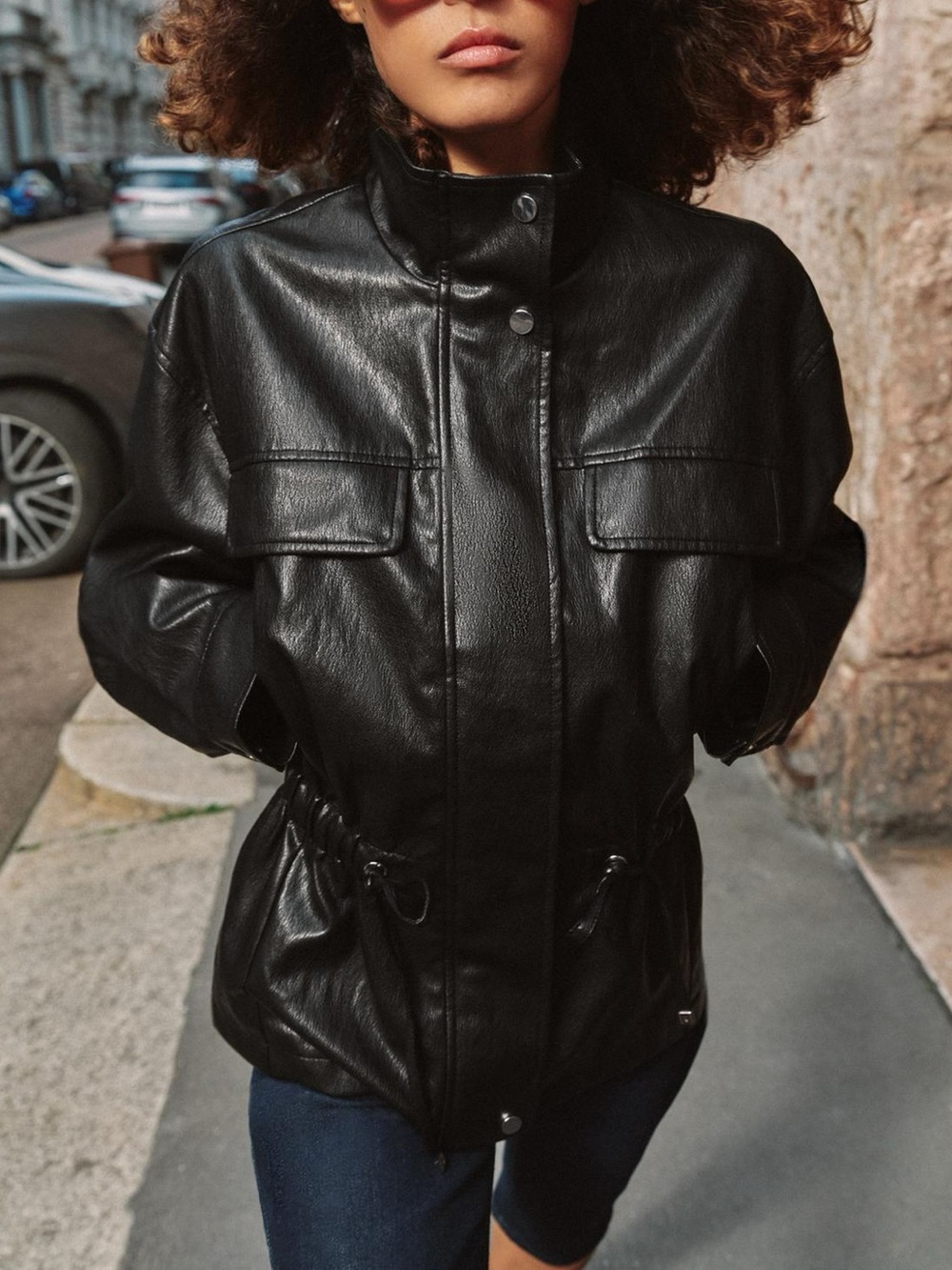 Zara 6318/047 Black Faux Leather Drawstring Waist Jacket